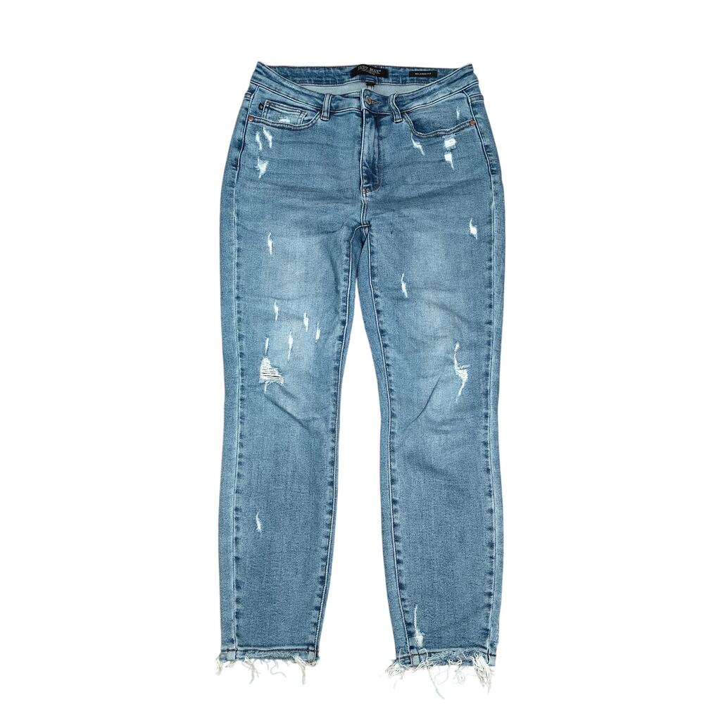 Judy Blue 9/29 Relaxed Fit Medium Wash Distressed Hem Jeans Style JB88430
